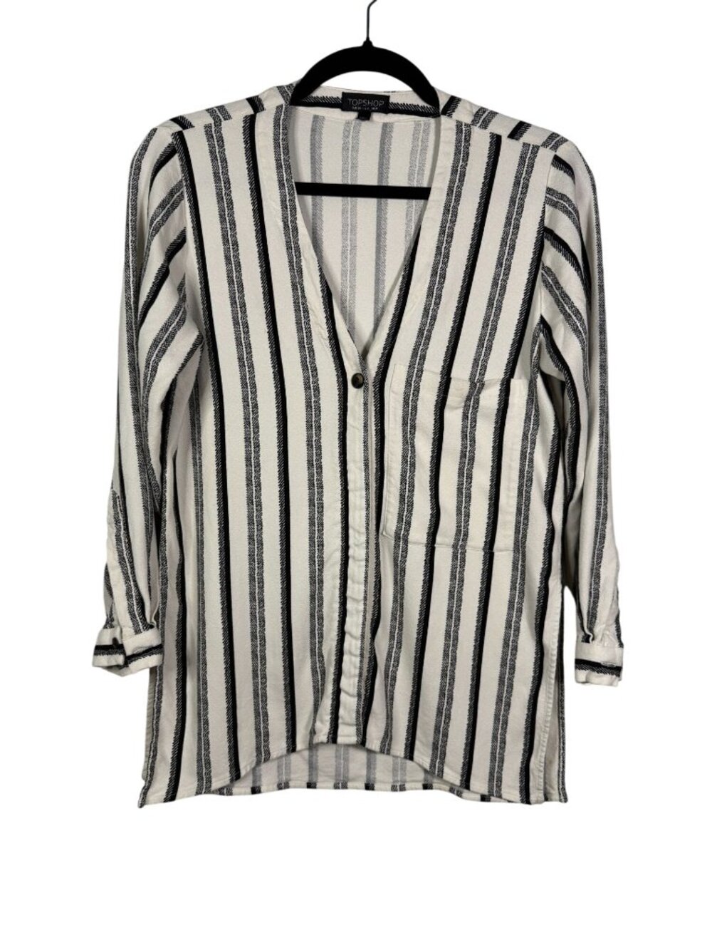 Topshop Striped Button Front Shirt White Black Sz 4 Long Sleeve Career Office